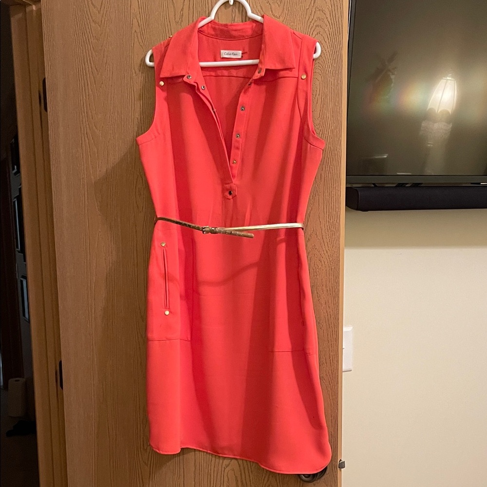 Calvin Klein Coral Button-Down Midi Dress with Belt